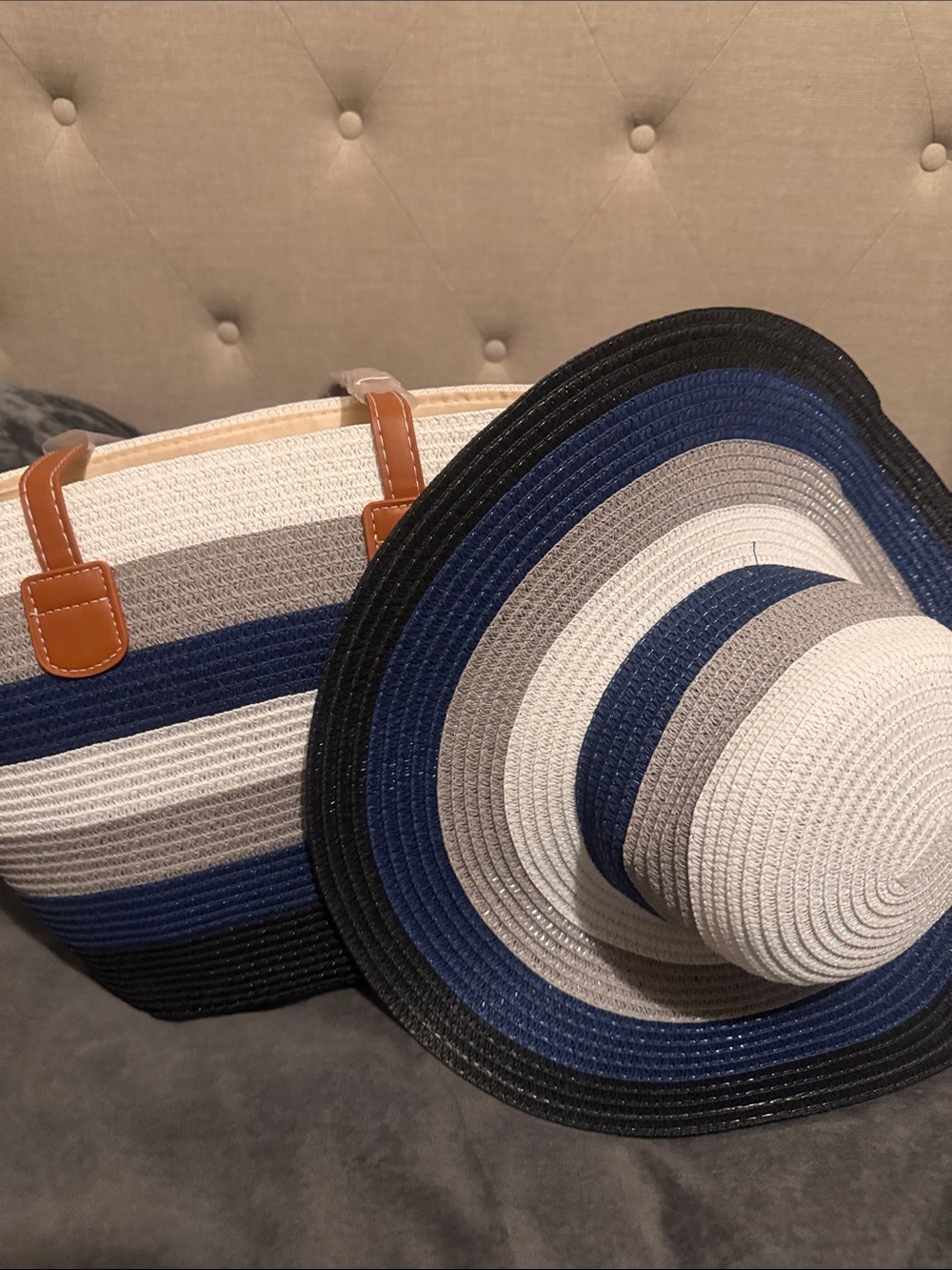Striped Blue & White Kids Sun Hat and Tote Set